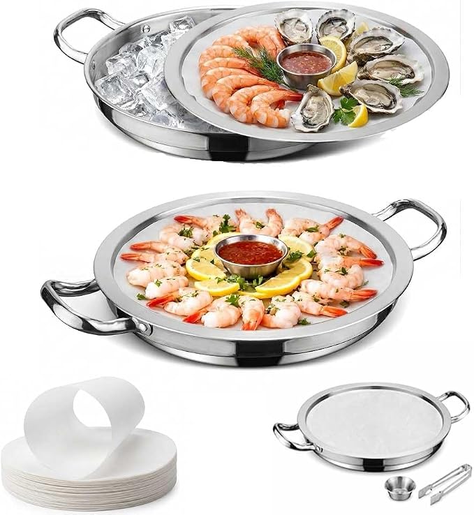 Shrimp Cocktail Serving Dish with Ice Tray, 1-Set 12 Inch Platter | 304 stainless steel sauce cups, tray liner paper & tongs, ideal for parties, family gatherings, oysters & cold appetizers.