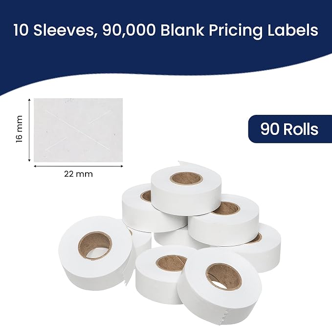 Perco White Price Marking Labels - 90,000 Blank Labels for Garvey 22-66/22-77/22-88 Two Line Pricing Gun with Ink Rolls Included - 90 Rolls, 10 Sleeves - Made in USA