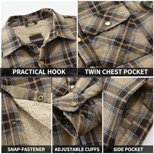 Men's Sherpa Cotton Flannel Shirt Jacket Plaid Button Coat Pocket