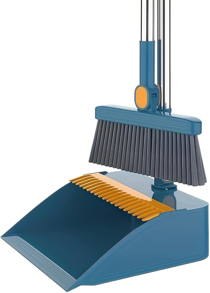 Broom and Dustpan Set, Long Handle Standing Broom with Self-Cleaning Comb Teeth, Heavy Duty Broom Dustpan Combo for Home Kitchen Office Floor Pet Hair Cleaning (Blue)