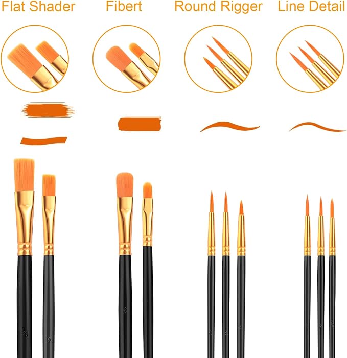 AROIC Acrylic Paint Brushes, 6 Packs / 60 pcs Nylon Hair Paint Brush Set for All Purpose Oil Watercolor Painting Artist Professional Kits (Black)