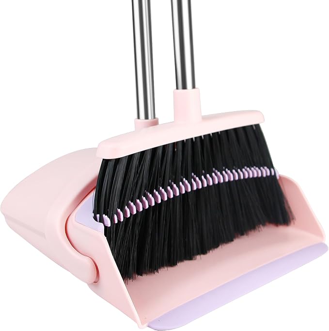 BSKLIN Broom and Dustpan Set, 52” Long Adjustable Handle Broom with Dustpan Combo Set with Dust Pan Teeth to Clean Hair for Home Lobby Office Kitchen (Small-Pink-Purple)
