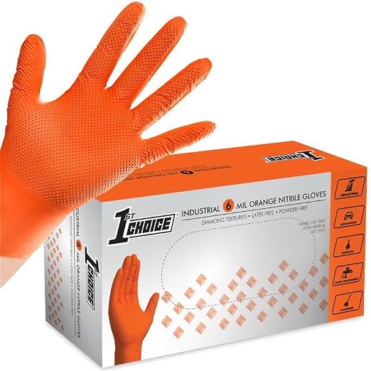 1st Choice 6 mil Orange Gloves, Disposable, Latex Free, Raised Diamond Grip, Mechanic Glove for Men, XXLarge, 1 Box of 100 | Bulk Purchasing Options, Medium Duty Gloves for Mechanics, Business, and Household Tasks, Food Safe and Chemical Resistant