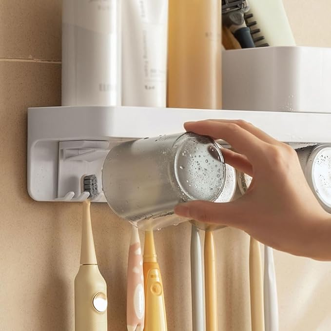 Toothbrush Rack Wall-mounted Toothbrush Storage Box Gray Toothbrush Holder Bathroom Accessories Storage Bracket with Cup Easy to Install Bathroom Toothbrush Holder(S24cm)