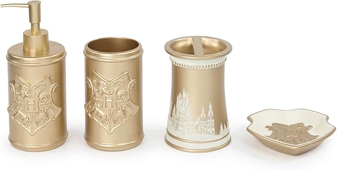 Harry Potter Bathroom Organizer Set - 4 Piece White and Gold Hogwarts Crest Accessories Includes Resin Soap Dispenser, Soap Dish, Toothbrush Holder and Tumbler - Bathroom Décor
