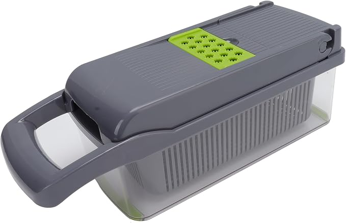 Vegetable Cutter Peeler Chopper Grater, Stainless Steel Kitchen Tool with Anti - Slip Handle and Blade Container for Potato Carrot Onion, 12 - Piece Set for Home (Grey Green)