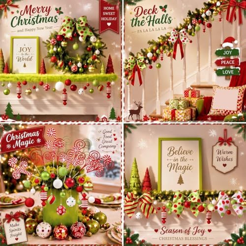 59 Pcs Christmas Tree Decorations Peppermint Candy Ornaments Candy Cane Tree Picks Xmas Balls Bow Lime Green Garland Christmas Hanging Ornaments for Xmas Home Office Decorations