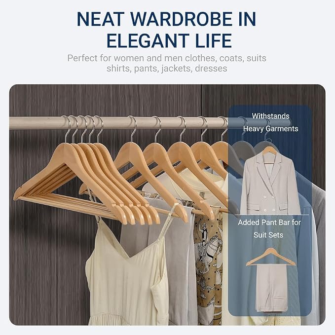 Amber Home 30 Pack Wooden Coat Hangers, Natural Wood Suit Hangers with Non-Slip Pant Bar, Clothes Hangers for Closet Organization, Shirts, Jackets, Dresses, and Pants (Natural, 30)