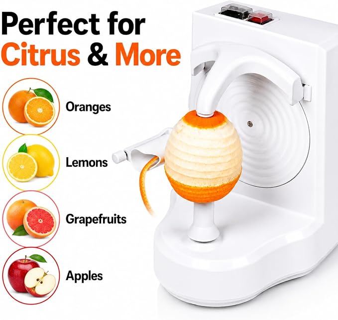 Electric Orange Peeler Automatic Fruit and Vegetable Peeler Machine, Peels Apples, Potatoes, Citrus, Stainless Steel Blade, Compact White (White)
