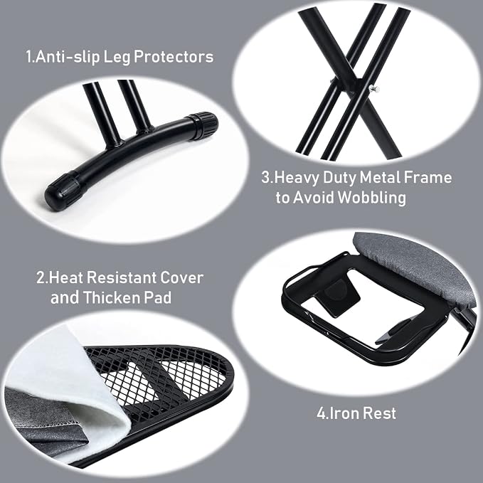 Duwee 13"x38" Ironing Board with Heat Resistant Cover and Thicken Felt Pad | Folding Adjustable Height Large Ironing Board Full Size,Heavy Sturdy Legs,Black