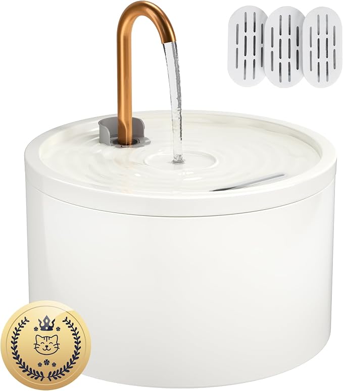 MISFANS Ceramic Cat Water Fountain, All-Ceramic Body, Pure Copper Spout | 2.1L/71oz Capacity, Under 20dB Pump, Dual Filtration, Faucet and Fountain Modes, Easy-Clean Unit, 3 Filters and Sponge, White