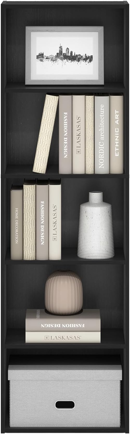 Furinno LUDER Book Shelf, 5-Tier Bookshelf, Bookcase with Open Shelves, 9.4 x 15.8 x 52, Easy Assembly, for Living Room, Bedroom, Home Office, Blackwood