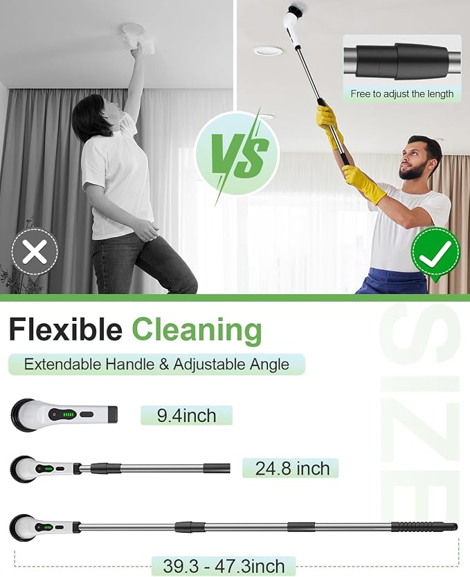 Cordless Electric Spin Scrubber, 9 Brush Heads, 2-Speed Motor | Floor cleaning, bathroom scrubber, tile floor scrubber, extension arm, IPX7 waterproof, tub, sink, grout, wet- dry vacuum