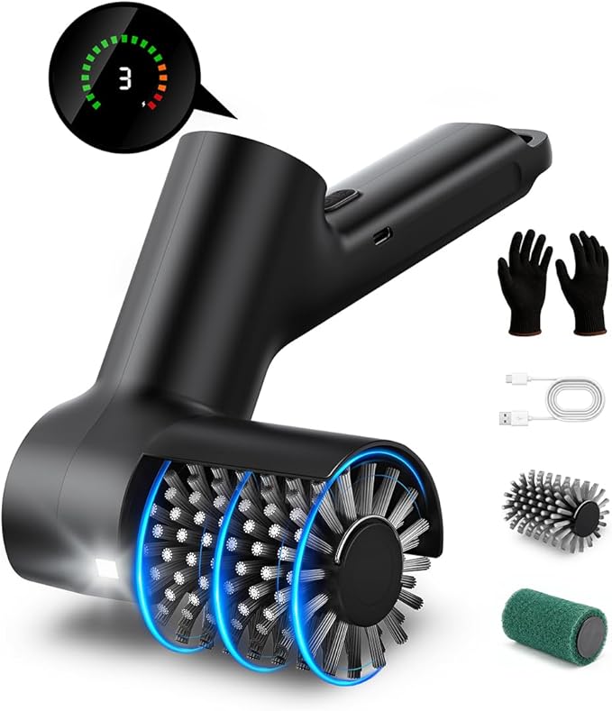 Electric Grill Brush, 3-Speed Cordless Rechargeable High Torque Grill Cleaner with LED Light, Waterproof Anti-Shedding SS Bristle BBQ Grill Brush for Outdoor Grill Safe for Porcelain Cast