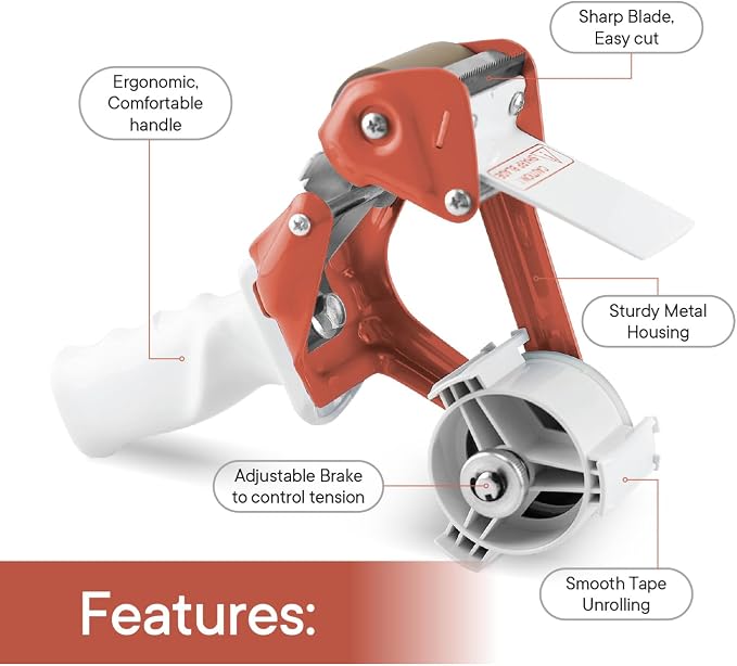 TAPEWELL Heavy Duty Metal Frame Packing Tape Dispenser Gun, 3 inch, Orange | Packing Tape Refills For Dispenser, Shipping Tape For Packing, Moving, Home & Office Use
