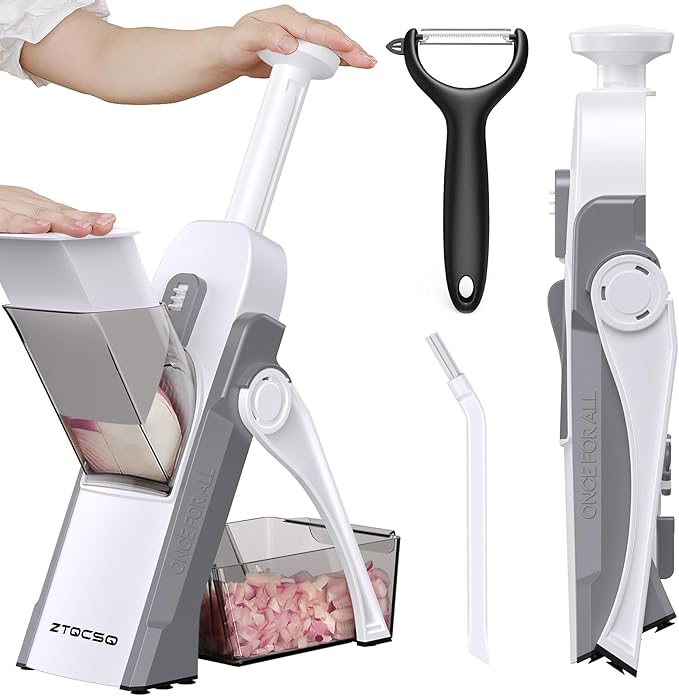 Safe Mandoline Slicer for Kitchen, Meal Prep, Potato Slicer, Adjustable/Easy to Clean/Storage, Kitchen Chopping Artifact, French Fry Cutter, Paring Knife/Cleaning Brush (only Slice, LightGrey)