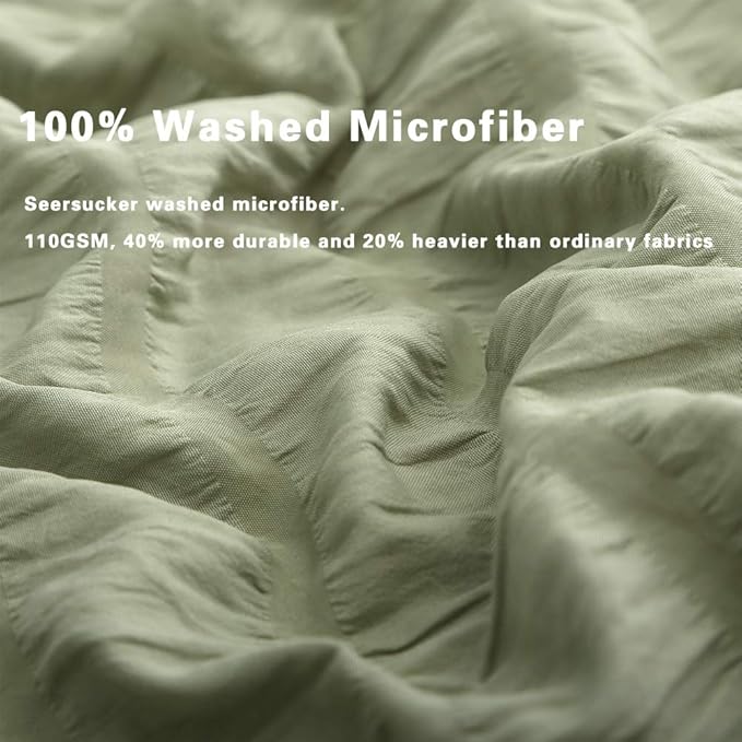 AveLom Sage Green Duvet Cover Queen Size, Textured Seersucker Duvet Cover Set, Soft Washed Microfiber with Zipper Closure and Corner Ties, 3 Pieces, 90" x 90" Duvet Cover & 2 Pillowcases