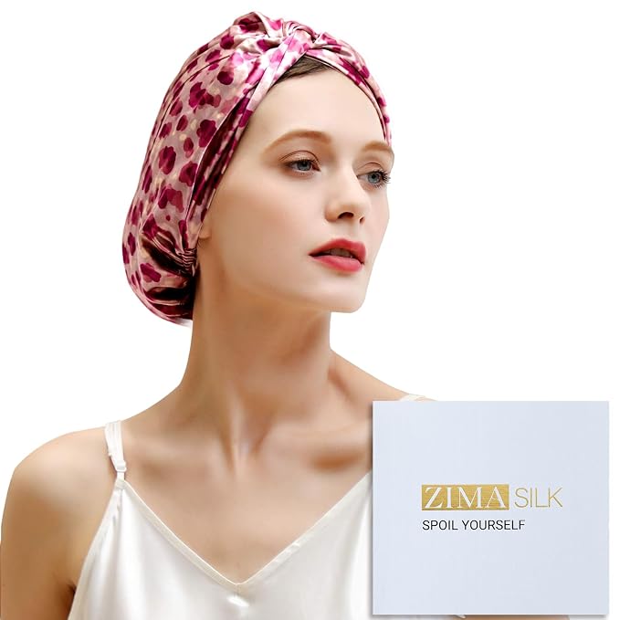 ZIMASILK 22 Momme 100% Mulberry Silk Bonnet for Sleeping & Women Hair Care, Highest Grade 6A Silk Hair wrap for Sleeping with Premium Elastic Stay On Head (1Pc, Leopard Pink/Purple)