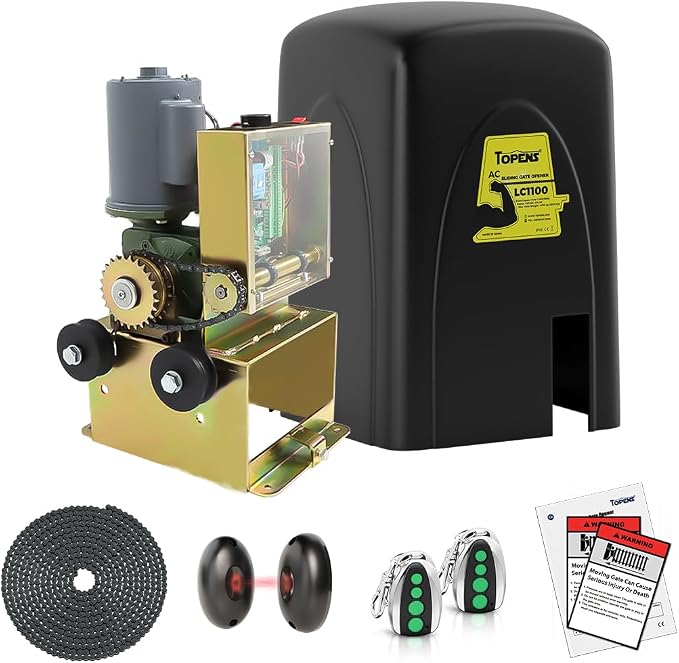 TOPENS LC1100 Automatic Commercial Sliding Gate Opener, Chain Drive Gate Operator for Heavy Driveway Sliding Gate Up to 2800 Pounds, AC Powered with 20ft Roller Chain, 2 Remote Control, Photocell