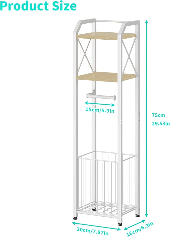 HapiRm Freestanding Toilet Paper Holder - 4-Tier Bathroom Tissue Organizer with Wood Shelves and Large Basket, Toilet Paper Holder Stand for Bathroom, Laundry Room, Apartment - White（Small）