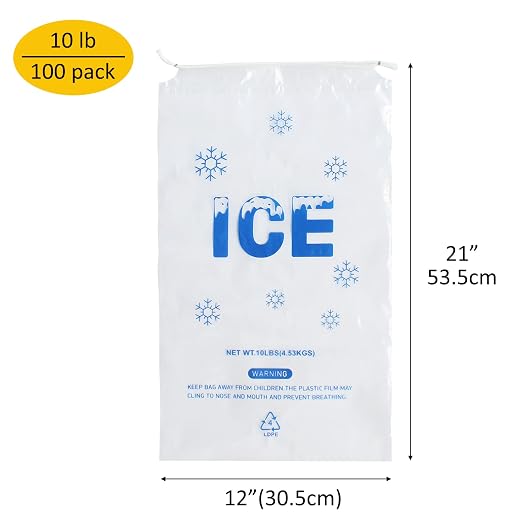 100 PACK 10 lb. Plastic Ice Bags with Cotton Draw String 12 x 21" | Heavy-Duty Plastic Ice Storage Bags with Draw String (2mil Thickness)