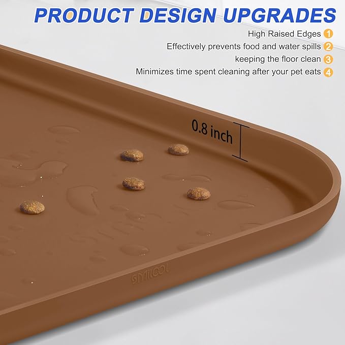 SMILOOL Waterproof Silicone Pet Food Mat with Raised Edge for Dog & Cat | 24" x 16" Non-Slip Pet Feeding Mats with Lip for Food & Water Bowl, Food Grade, Easy Cleaning, Brown