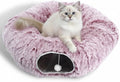 AUOON Plush Cat Tunnel Bed for Indoor Cats, 36"L x 36"W x 11.5"H, Rosiness | 2 in-1 Interactive Cat Toy, with Hanging Ball Toy, Machine Washable Center Pad, for Kitten Puppy Rabbit Ferret