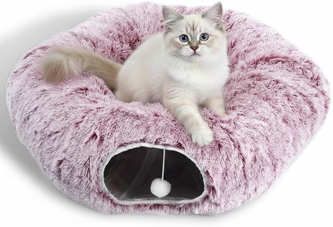 AUOON Plush Cat Tunnel Bed for Indoor Cats, 36"L x 36"W x 11.5"H, Rosiness | 2 in-1 Interactive Cat Toy, with Hanging Ball Toy, Machine Washable Center Pad, for Kitten Puppy Rabbit Ferret