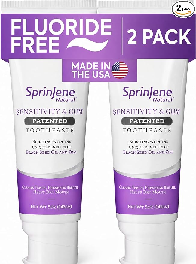SprinJene Natural Fluoride Free Toothpaste for Sensitive Teeth & Gums (Lead-Free) – Patented Toothpaste with Black Seed Oil & Zinc – Dry Mouth Prevention for Fresh Breath – Made in the USA (2 Pack)