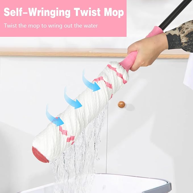 XXXFLOWER Broom and Dustpan Set with Cleaning Teeth+Self-Wringing Twist Mop for Floor Cleaning, 57” Long Handle Heavy Duty Microfiber Mop for Wet Mopping on Tile, Hardwood, Kitchen, Bathroom