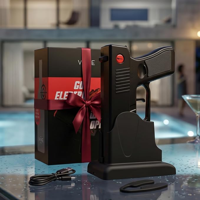 Electric Gun Wine Corkscrew Bottle Opener - Rechargeable Holster Base Cordless Battery - Automatically Open Wines Multifunctional Electronic Cork Puller - Guns Enthusiasts Gift & Vino Lovers (Black)
