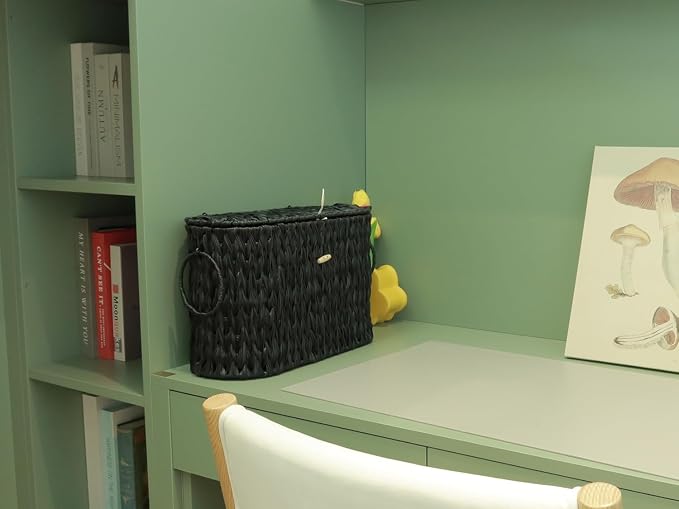 Coeusy Black Toilet Paper Basket with Lid,Wicker Toilet Paper Storage Stand,Large Narrow Bathroom Towel Basket Mega Roll Container Bin for Toilet Tank,Floor