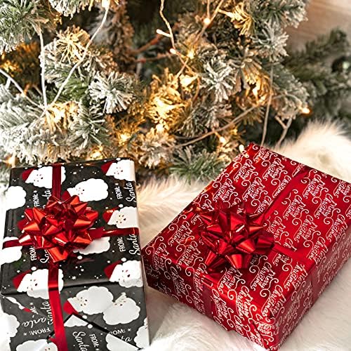 WRAPAHOLIC 30 Inch Christmas Wrapping Paper Roll - Jumbo Roll Black and Red Retro HO HO HO Santa, Silver Snowflake Holiday Collection with Metallic Foil Shine - 4 Rolls - 30 Inch x 120 Inch Per Roll