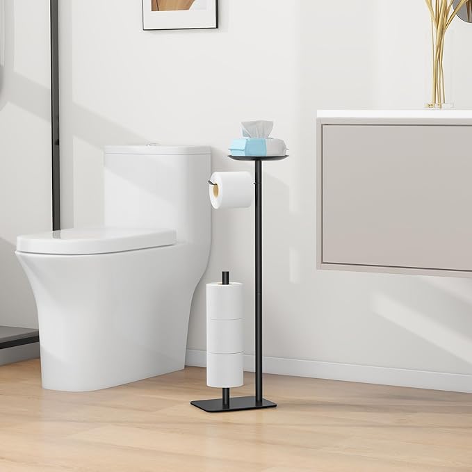 FEILERN Toilet Paper Holder Stand for Bathroom Floor Standing Toilet Roll Dispenser Storages 4 Reserve Rolls, with Top Storage Shelf for Cell Phones, Wipe, Wallet and More(Black)