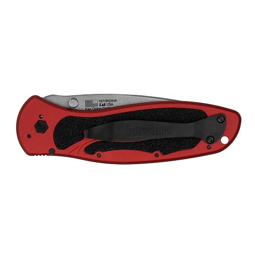 Kershaw Blur Folding Pocket Knife, 3.4 inch Stonewashed 14C28N Steel Blade, Red Anodized Aluminum Handle with Black Trac-Tec Inserts, Reversible Pocketclip; 3.9 OZ