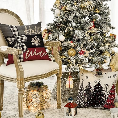 Merry Christmas Joy Xmas Trees Red Throw Pillow Covers, 20x20 Inch Christmas Winter Holiday Cushion Case Decoration for Sofa Couch Set of 4