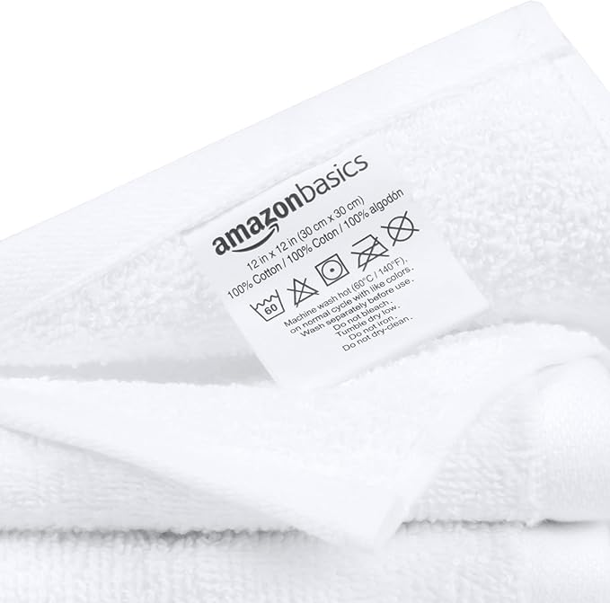 Amazon Basics Highly Absorbent, Fast Drying 100% Cotton Washcloths for Bathroom, Machine Washable, Soft, 12 x 12 in, White, 60-Pack