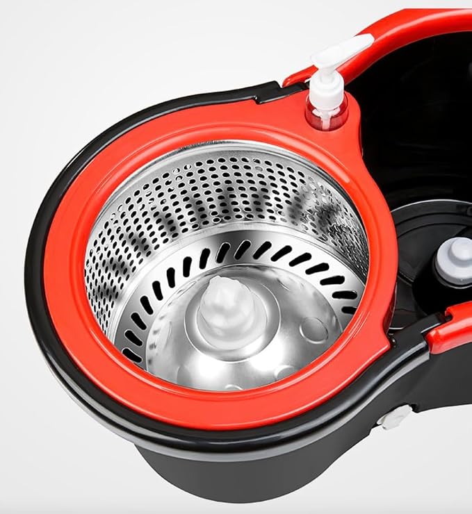 Spin Mop and Bucket Set with 2 Microfiber Mop Heads, Stainless Steel Handle, ABS Bucket, Black and Red Floor Cleaning System for Home, Kitchen and Office Use