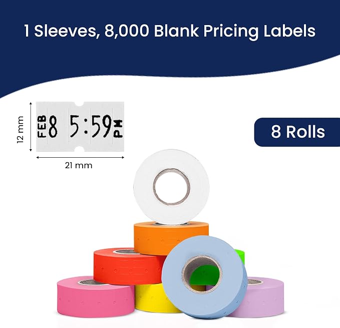 Perco 1 Line Multicolored Sleeve— 8,000 Labels for Perco Lite, X, Plus & Pro Guns—Includes White, Yellow, Blue, Lavender & Fluorescent Colors (Red, Green, Pink, Orange)— 8 Rolls, 1 Sleeve—Made in USA