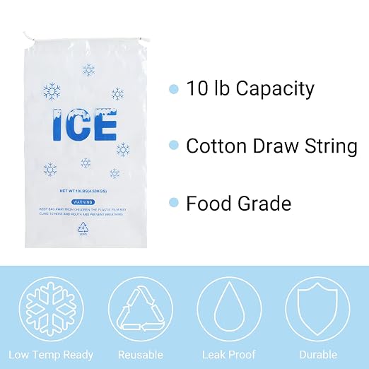 100 PACK 10 lb. Plastic Ice Bags with Cotton Draw String 12 x 21" | Heavy-Duty Plastic Ice Storage Bags with Draw String (2mil Thickness)
