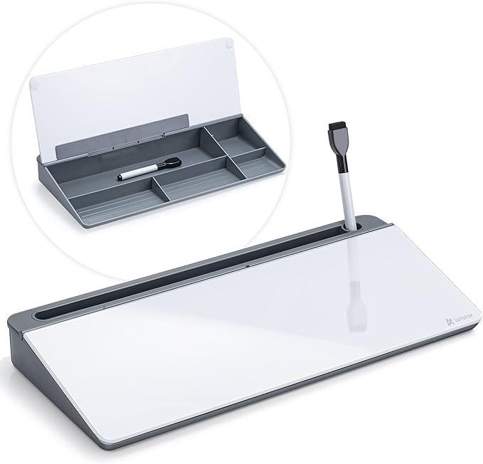 Varhomax Glass Desk Whiteboard with Storage, Desktop Organizer to-do List Memo Notepad Dry Erase White Board for Home Office and School Supplies (Gray)