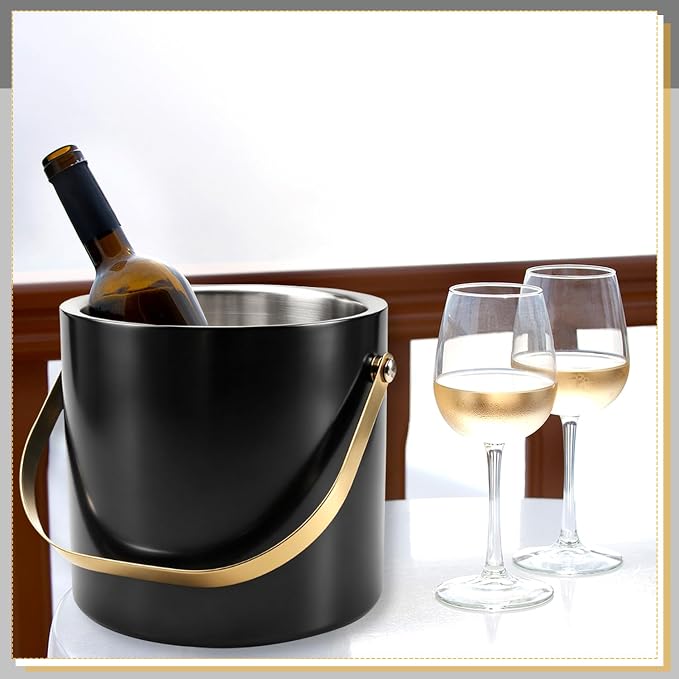 Anvin 3L Double Wall Stainless Steel Ice Bucket with Tongs, Scoop & Ice Strainer Insulated Cocktail Chiller Champagne Holder Bar Side Accessory for Parties, BBQs, Weddings (Black)