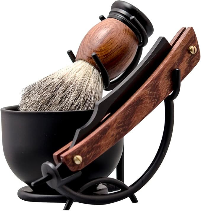 Grandslam Shaving Straight Razor Kit, Steel Cutthroat Straight Razor With Leather Strop, Shaving Brush, Stainless Steel Shaving Bowl and Stand, Shaving Soap, Gift for Men