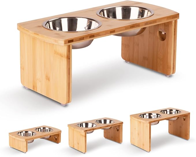 Elevated Dog Bowls, Bamboo Raised Dog Bowl for Medium Dogs, with 2 Stainless Steel Bowls (7'' Tall-40 oz Bowl)