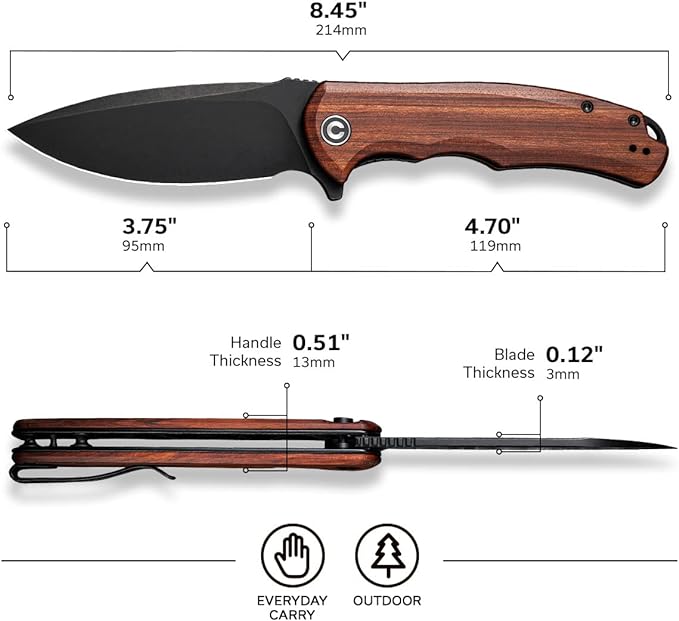 CIVIVI Praxis Folding Pocket Knife, 3.75" Blade Wood Handle C803H | Full-size, Smooth Action, Comfortable Grip, Liner Lock, Deep Carry Reversible Clip for EDC
