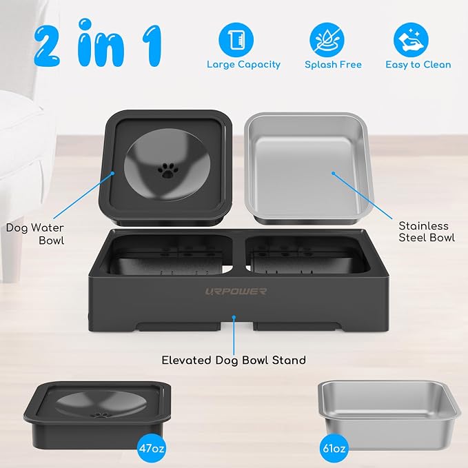 URPOWER 2-in-1 Elevated Dog Bowls 4 Height Adjustable Raised Dog Bowls | Stainless Steel Food Bowl with No Spill Water Bowl and Non-Slip Stand for Small Medium Large Dogs