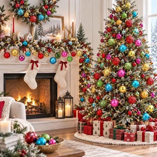 Lunmon 64 Pcs Neon Christmas Ball Ornaments Shiny Bright Multicolor Baubles