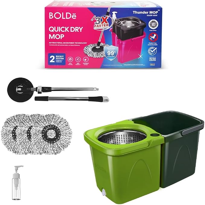 Thunder Mop Spin System - Double-Sided -3 Free Refills (Lime/Forest) | 2 Compact Stackable 6L Buckets, Microfiber Head, Stainless Steel Wringer, Antifungal Quick-Dry Cleaning, Soap Dispenser