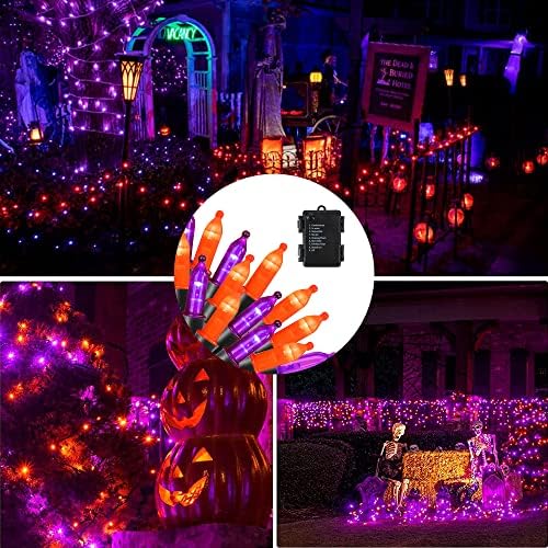 Dazzle Bright Purple and Orange Halloween Lights Battery Operated, 50 LED 16FT Waterproof Mini String Lights with 8 Modes, Halloween Decorations for Outdoor Indoor Garden Yard Party Decor