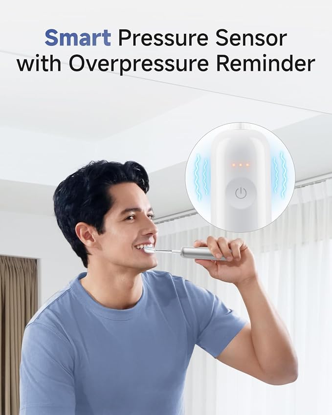 Laifen Wave Pro Sonic Toothbrush, 60° Oscillation & Pressure Sensor, Silver | Aluminum Material, APP Connectivity, 2 Replacement Brush Heads, 70-Day Battery, Travel Friendly, Wireless Charging, Easy Grip